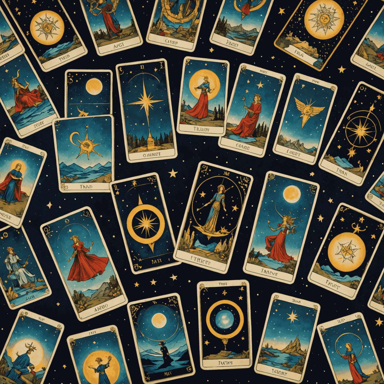 Eine Collage, die Tarotkarten über einem Sternenhimmel mit Tierkreiszeichen zeigt. Die Karten scheinen zu leuchten und mit den Sternen zu interagieren, was die Verbindung zwischen Tarot und Astrologie symbolisiert.